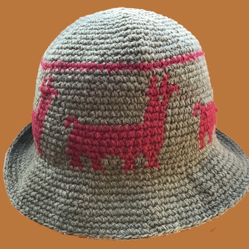 Hand Crocheted Peruvian Wool Hat with Llamas design.